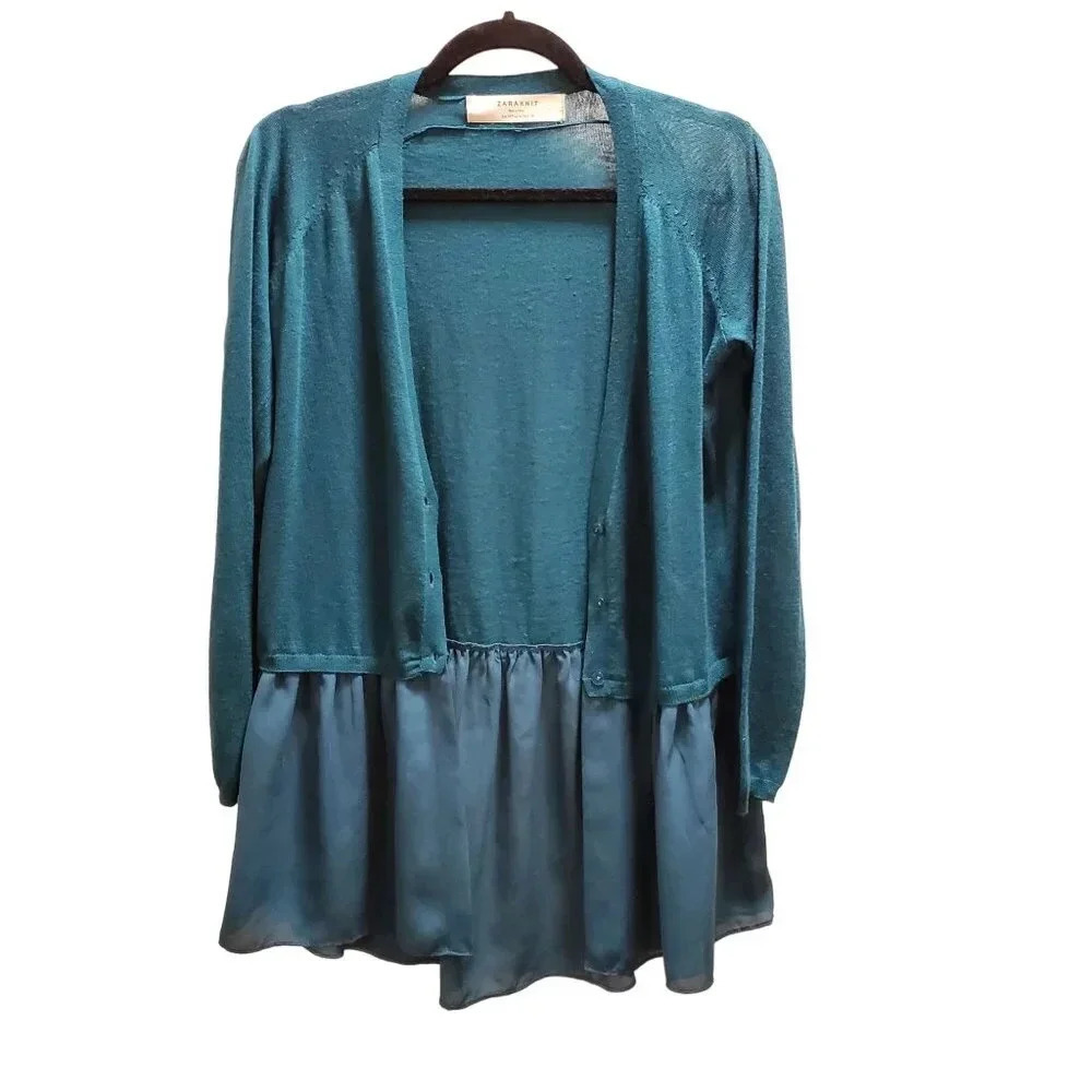 Zara Knit Layered Look Deep V Neck Layered Look Flounce Cardigan Sweater M